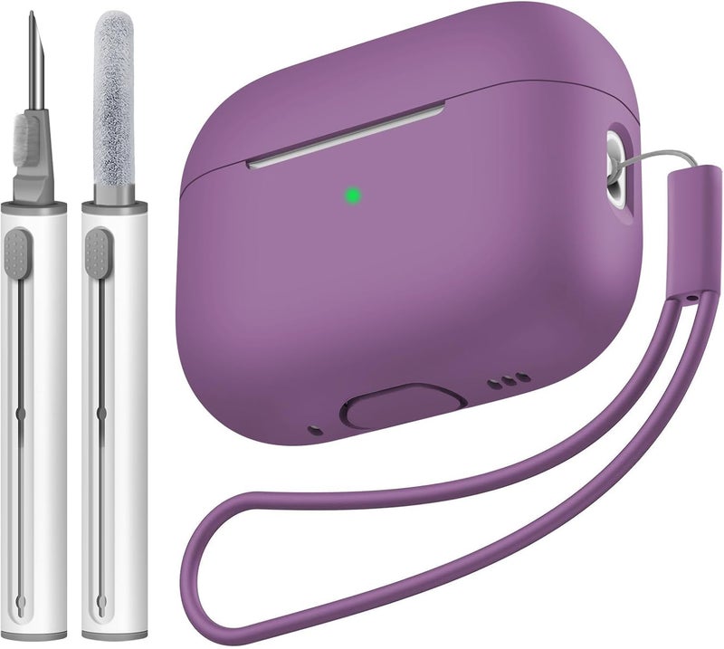 Tandoler حافظة متوافقة مع Airpods Pro 2، غلاف سيليكون ناعم واقي مع مجموعة تنظيف وحبل حمل متوافق مع AirPod Pro الجيل الثاني، لون بنفسجي غامق مرئي من الأمام - Image 1